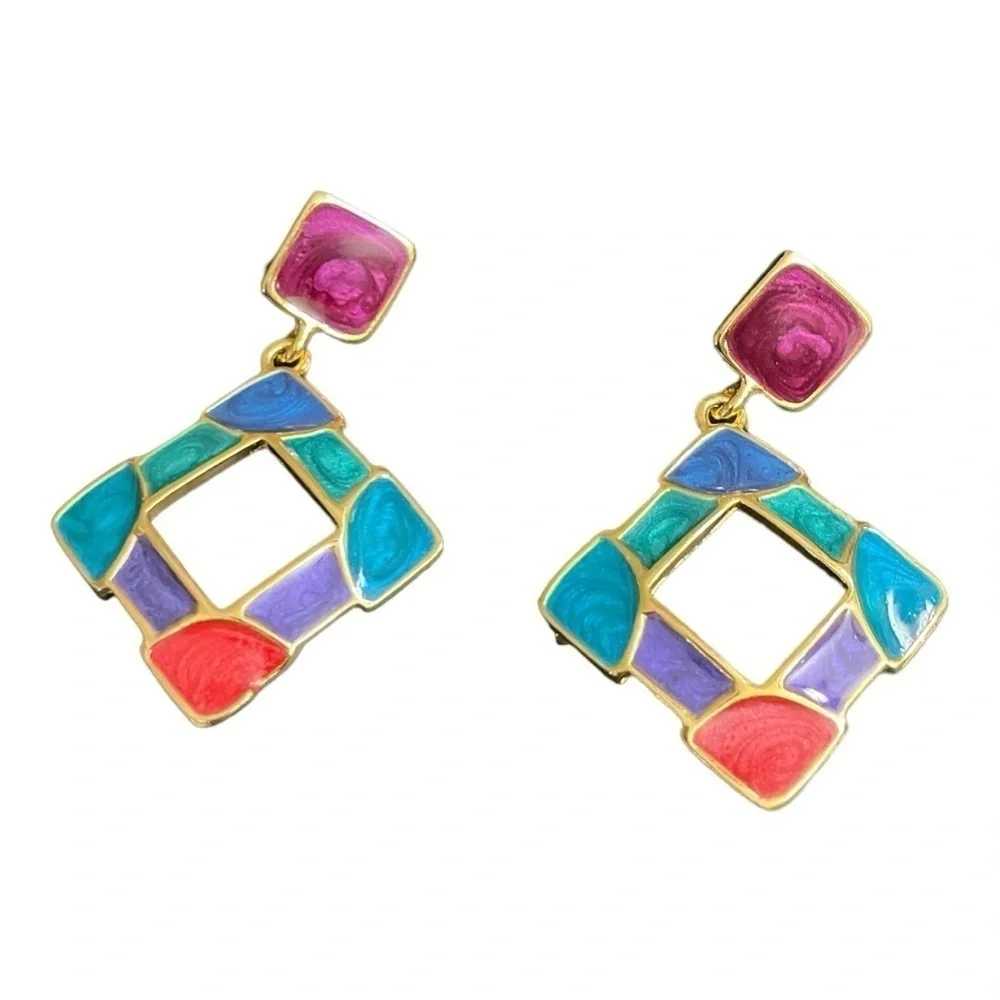Vibrant Multi Color Resin Gripoix Cabochon Gold Plated Pierced Earrings.